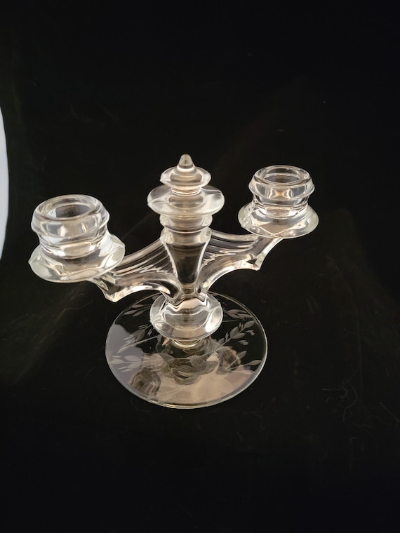 Art Deco Glass Taper Candle Holder: Flower Cut Base