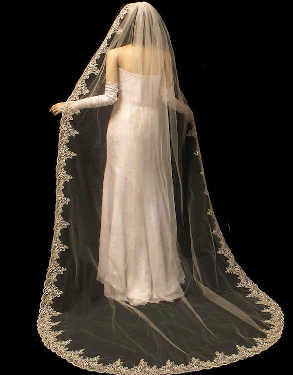 Wedding Veil | Cathedral Length Veil | Lace Edge Veil | Silver Thread Lace | Crystal Edge