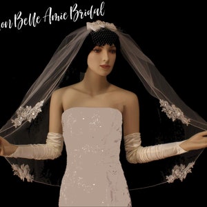 Lace Applique Fingertip Wedding Veil: Rhinestone & Sequin French Flower