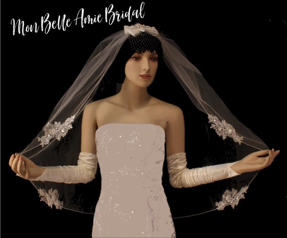 New | Wedding Veil | Fingertip Length Wedding Veil | Lace Applique Wedding Veil | White Fingertip Length Wedding Veil