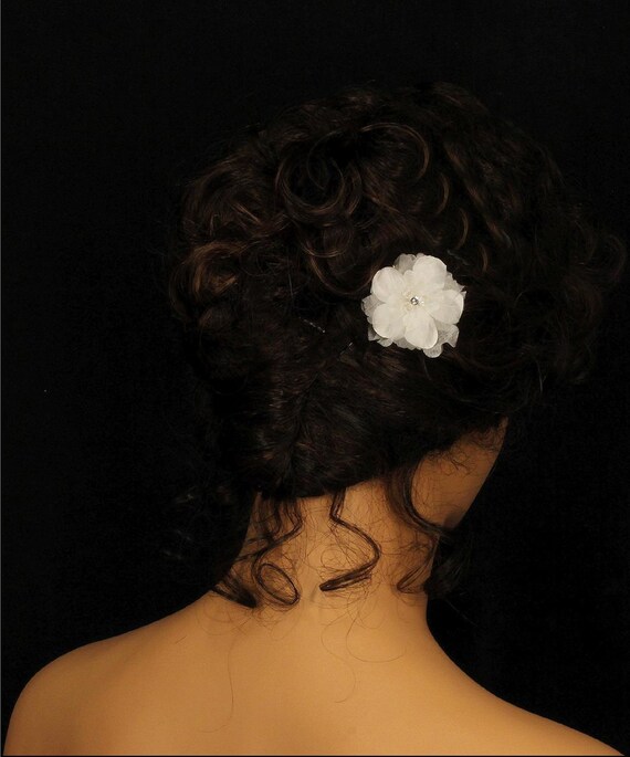 Ivory Chiffon Flower Hair Clip: Crystal Wedding Hair Accessory