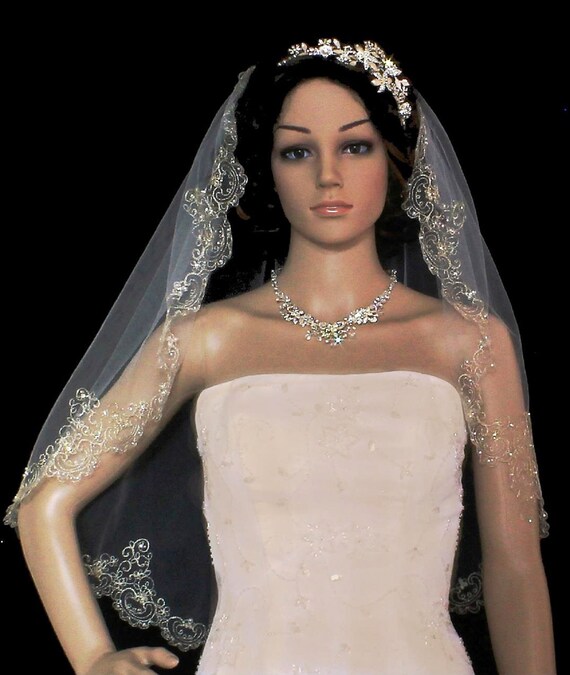 Swarovski, beaded, sequined scalloped wedding veil with silver threading Silver Embroidered Wedding Veil: Swarovski Crystals, Scallop  main image 4