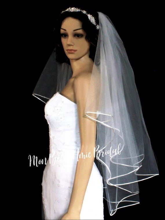 New | Wedding Veil | Satin Cord Edge Wedding Veil | Rat Tail Edge Veil | Hip Length Veil | 2 Tier Wedding Veil | Shoulder Length Veil |