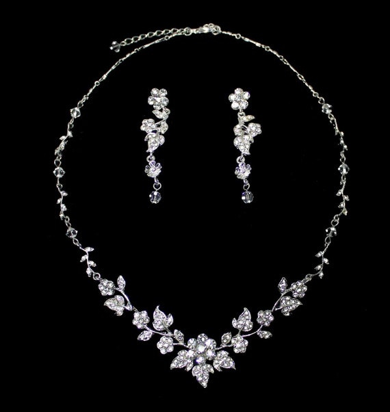 Bridal Jewelry | Wedding Necklace and Earrings | Crystal Flower Earrings