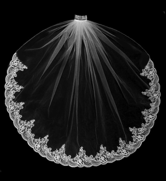 Fingertip Wedding Veil: Half Edge Covered Silver Alencon Lace, Crystal Edge