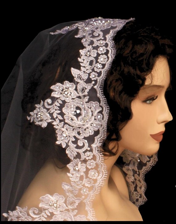 Alencon Lace Regal Length Mantilla Wedding Veil: Rhinestone & Silver Beaded Trim