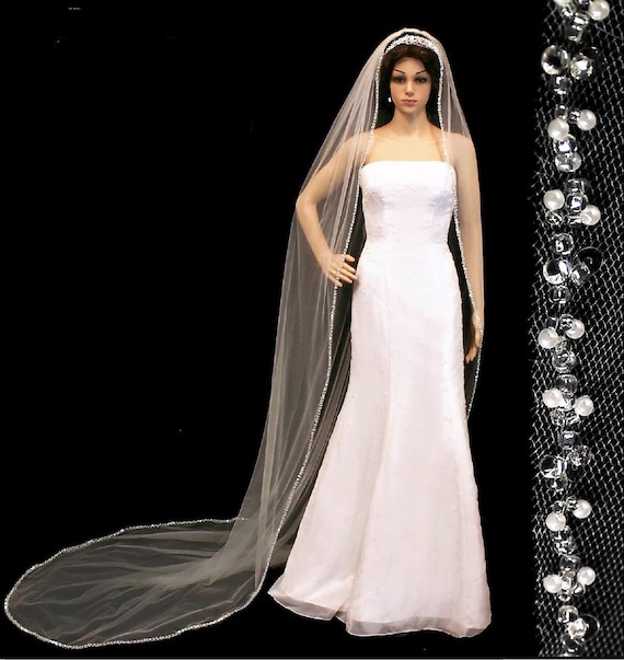 New | Wedding Veil | Bead and Pearl Edge Wedding Veil | Cathedral Length Wedding Veil | Regal Length Wedding Veil