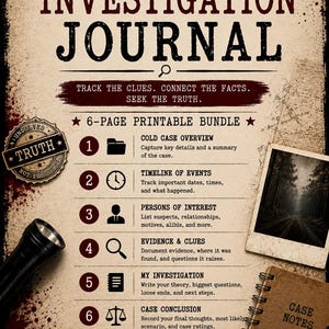 May include: A 6-page printable Cold Case Investigation Journal on beige paper with dark text and red blood splatter accents. It includes sections for case overview, timeline, persons of interest, evidence, investigation notes, and conclusion, sized 8.5" x 11".