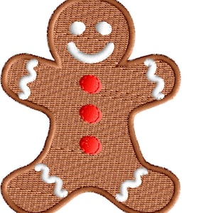 May include: A gingerbread man cookie with a white icing smile and three red buttons. The cookie is brown and has white icing around the edges.