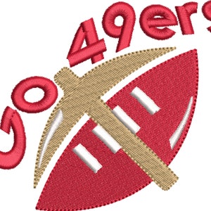 Peut inclure: Patch brodé rouge et beige avec un ballon de football et les mots "Go 49ers".