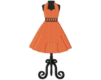 May include: A bright orange dress with a black halter top and a black belt is displayed on a black metal dress form stand.