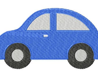 May include: A blue cartoon car with black tires and yellow and red headlights.