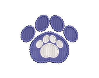 May include: A purple paw print with a white paw print inside. The paw print is outlined with a row of small circles.