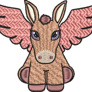 May include: An embroidered design of a winged donkey, featuring a light brown body, pink wings with a textured pattern, and large purple eyes. The donkey has a small, fluffy tuft of hair on its head and is outlined in black.
