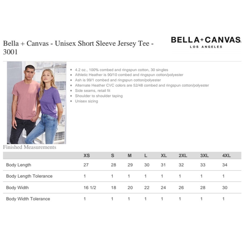 May include: Unisex short sleeve jersey tee in various sizes from XS to 4XL. The size chart shows measurements for body length, body length tolerance, body width, and body width tolerance in inches.