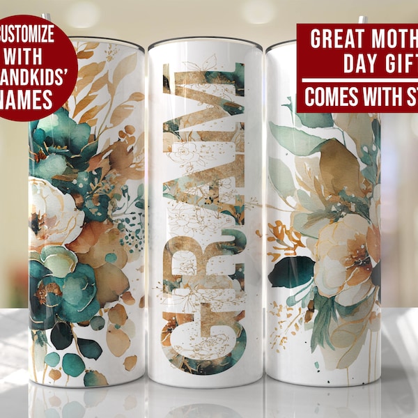 Personalized Floral Gram Tumbler with Grandkids Names, Custom Gram Gift for Gram from Grandkids, Gram Mother's Day, Gram Birthday, Gram Cup