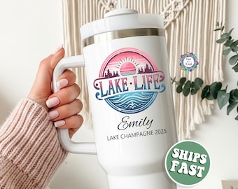 Custom Lake Life 40oz Stainless Steel Tumbler with Handle, Personalized Family Vacation Travel Mug