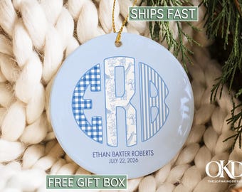 Baby Monogram Ornament | Personalized Baby Boy Ornament Gift | Custom Newborn Christmas Ornament | Birth Announcement Ornament