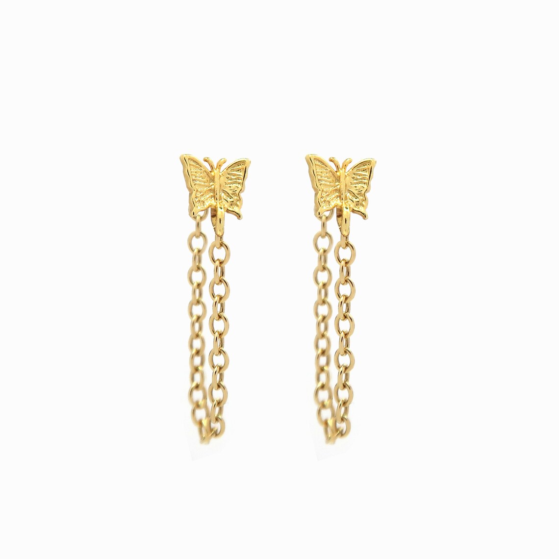 Chain Loop Earrings Tiny Butterfly Earrings Chain Stud Etsy