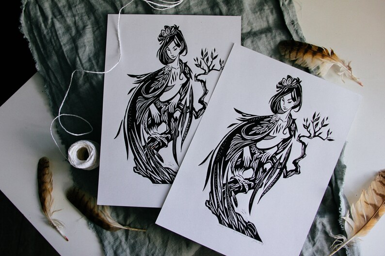handprinted linocut wall poster SIRIN BIRD