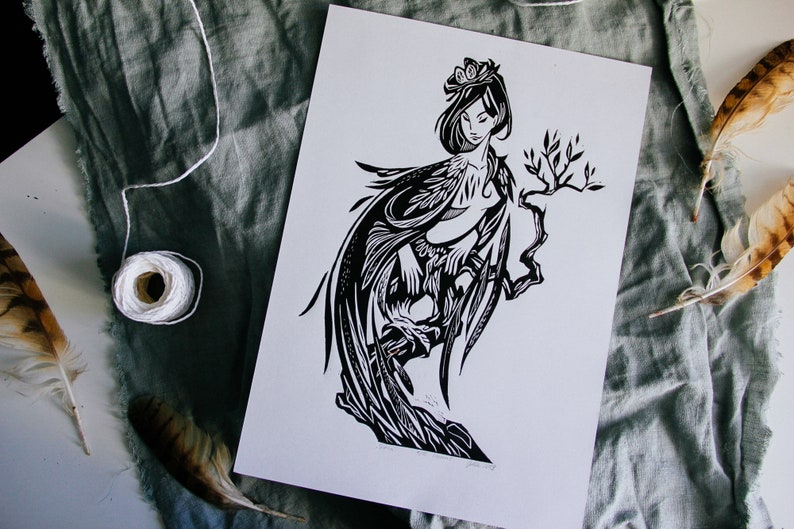 handprinted linocut wall poster SIRIN BIRD