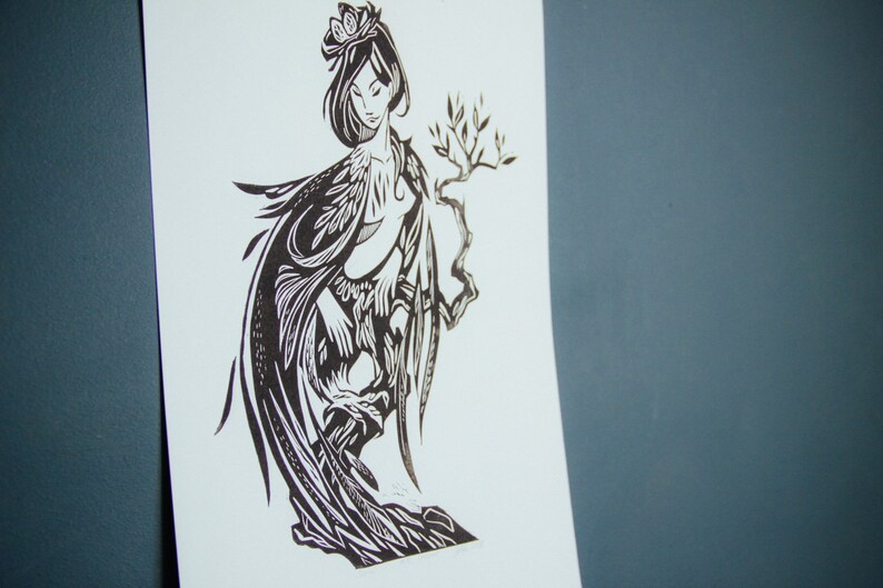handprinted linocut wall poster SIRIN BIRD
