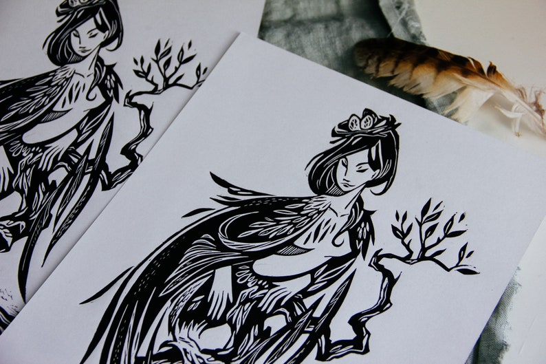 handprinted linocut wall poster SIRIN BIRD