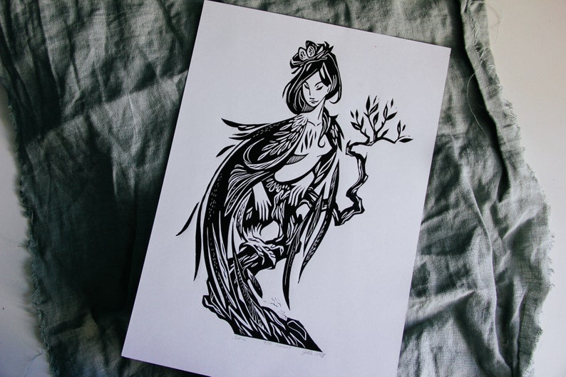 handprinted linocut wall poster SIRIN BIRD