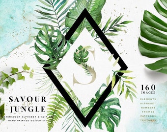Watercolor Floral Tropical Alphabet Clipart Set Numbers Frames Gold Textures Patterns Fonts Monogram Wedding Invitation Letters PNG elements