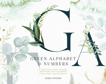 Green Leaves Alphabet Ampersand Numbers Watercolor floral clip art wedding invitation png lettering logo signs symbols font monogram clipart