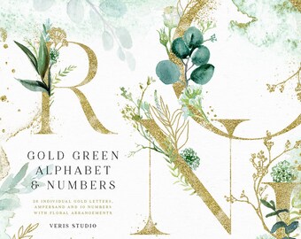 Gold Green Leaves Alphabet Ampersand Numbers Watercolor floral clip art wedding invitation png lettering logo signs symbols font monogram