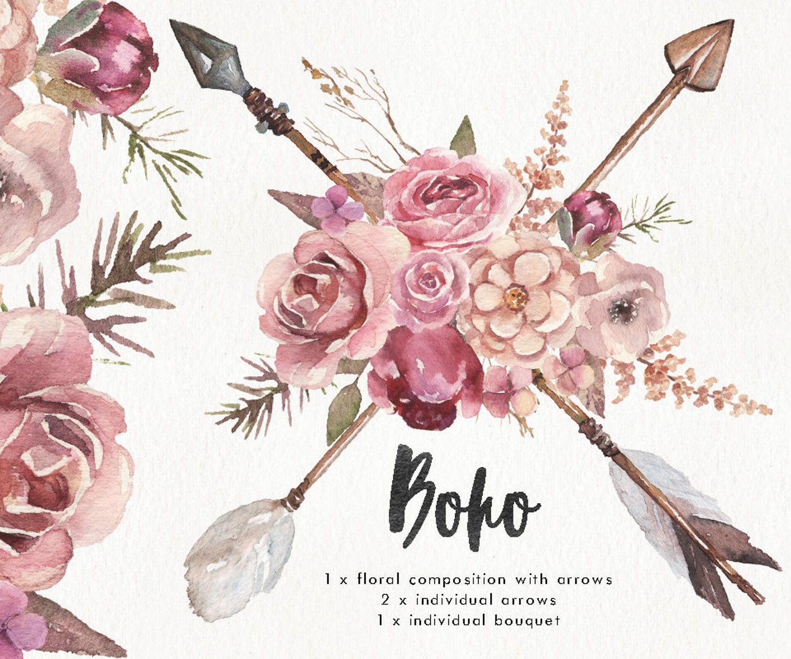 Watercolor Boho w/ arrows & flower bouquet. Wedding clipart | Etsy