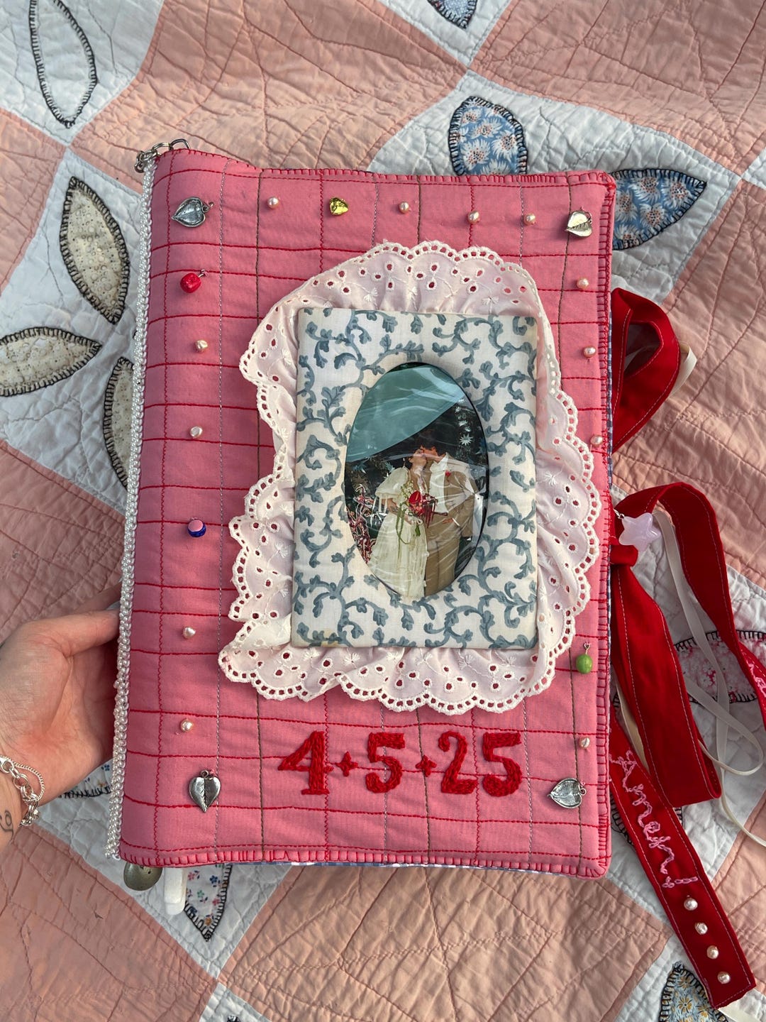 Custom Wedding Photo Album with Quilted Cover and Charms