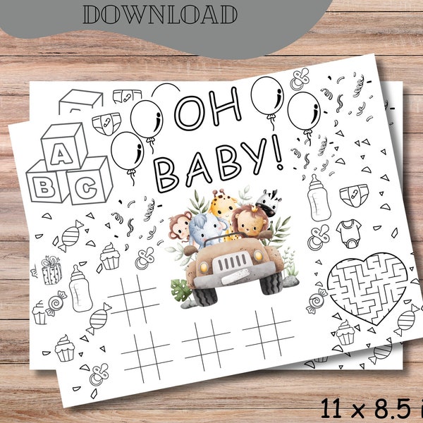 Safari Animals Baby Shower Coloring Placemat Baby Shower Activity Sheet