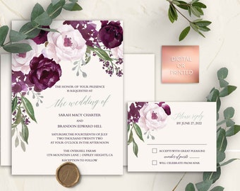 Purple Wedding Invitation Set, Plum Wedding Invites, Watercolor Floral  Digital or Printed Template, Bohemian floral Wedding Invites Suite