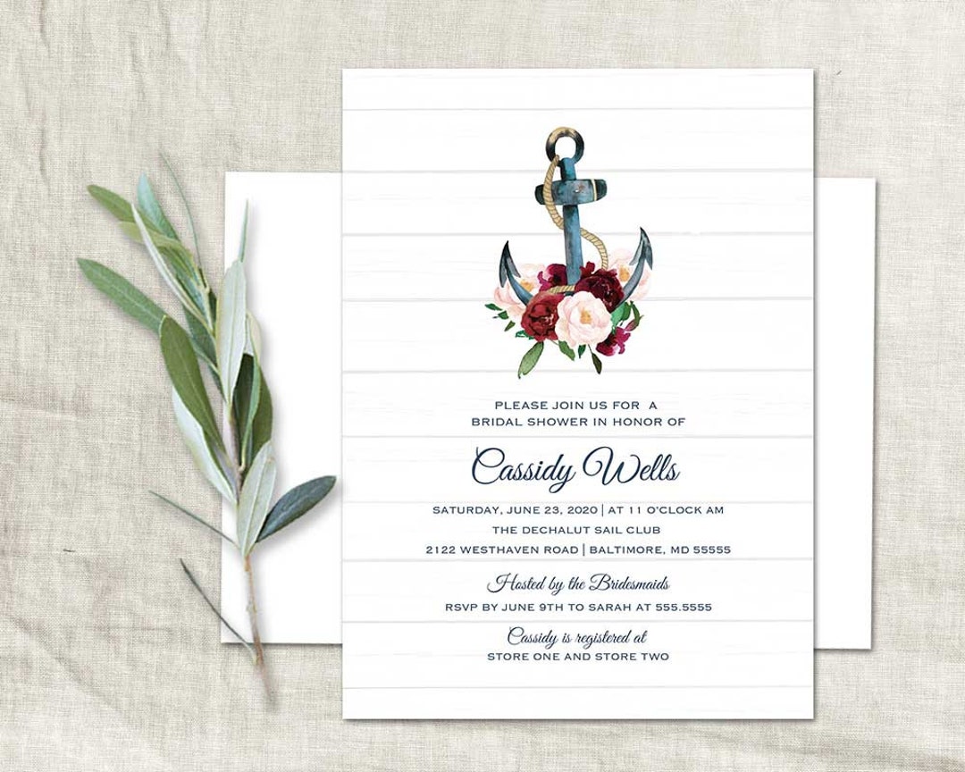 Nautical Bridal Shower Invitation Floral Anchor Wedding Shower Invitations Burgundy Blush Anchor ...