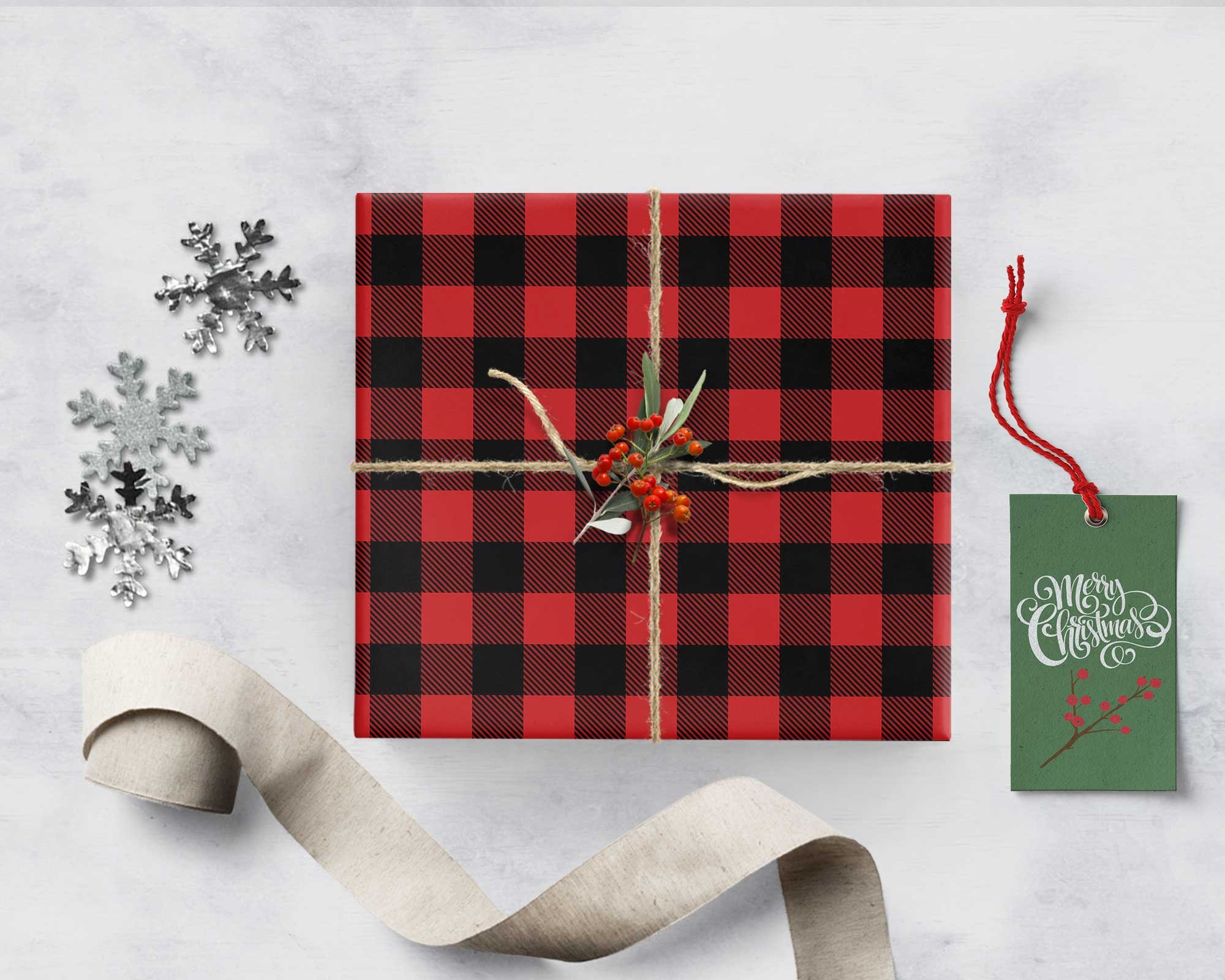 Red Gingham Christmas Wrapping Paper, Winter Snowflake Matte Plaid Gift Wrap,  Eco Friendly Red Holiday Gift Wrap, Flannel Design Gift Wrap 