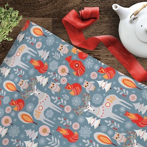 Christmas Wrapping Paper Roll, Rustic Woodland Reindeer Owl Fox, Winter Holiday Gift Wrap, Wrapping Paper Sheets Scandi Gift 5 sheets Per