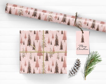 Christmas Gift Wrap Trees, Blush Winter Wrapping Paper, Woodland Holiday Gift Wrap,  Rustic Vintage Elegance Gift Wrap Sheets 5 sheets Roll