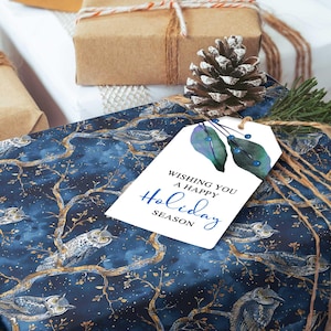 Owl Winter forest wrapping paper, Winter Gift Wrap, Woodland Nordic Holiday Gift Roll,  Blue Skandi Christmas Sheets 20x29 Great Horned Owl