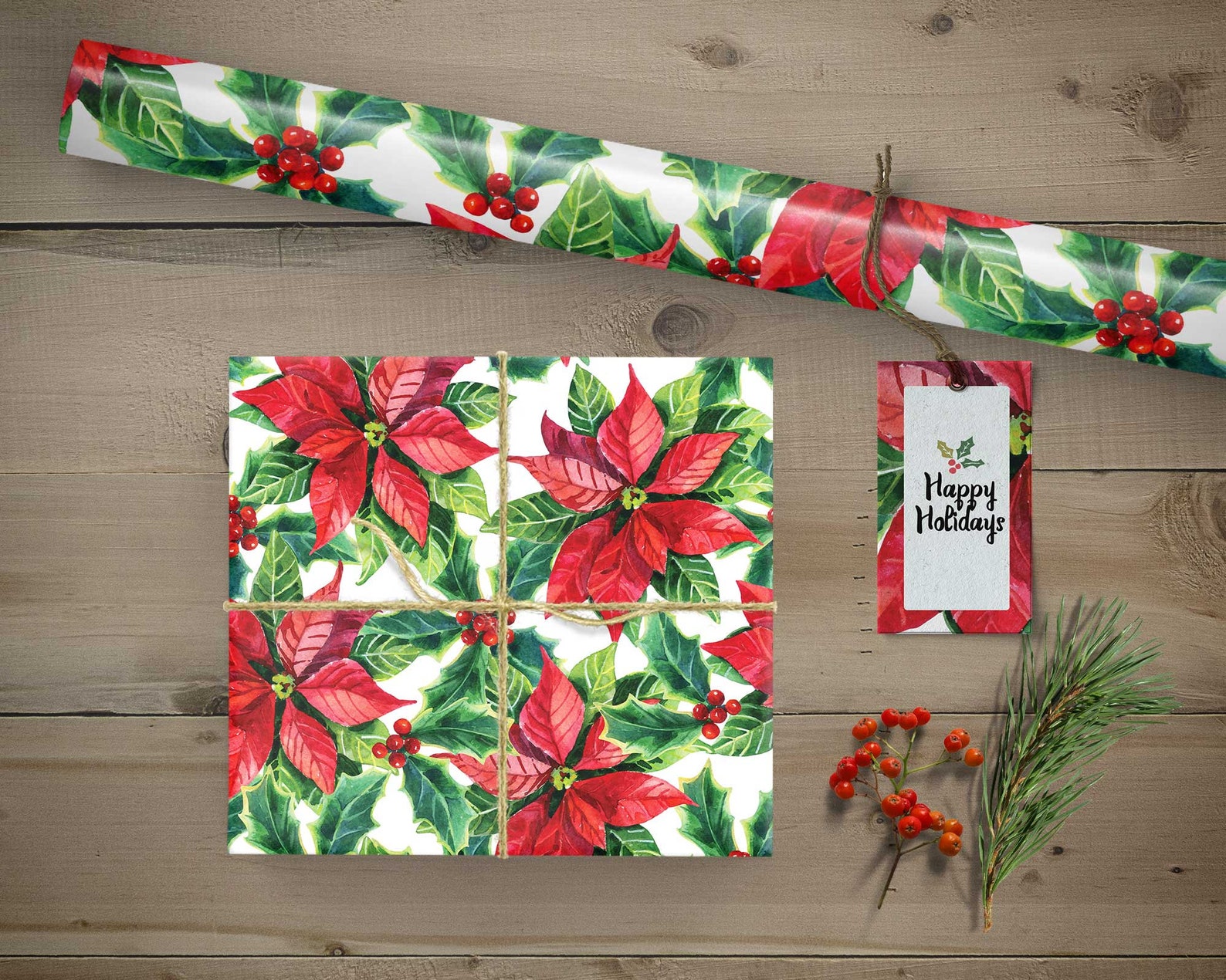 Christmas Wrapping Paper Roll Berry Large Poinsettia Winter | Etsy