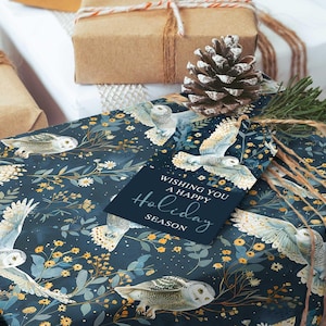 Winter forest wrapping paper, Winter Gift Wrap, Woodland Nordic Holiday Gift Roll, Navy Blue Snowy Owl Christmas Sheets 20 x 29 Christmas