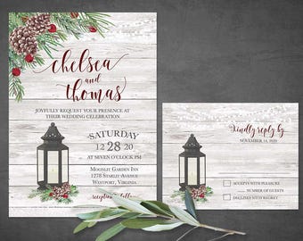 Rustic Winter Lantern Wedding Invitation Printable Set Christmas Wedding Invitations Watercolor Pine Berries Printed or DIY Print Barn Wood