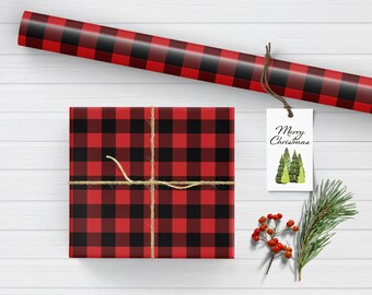 Buffalo Plaid Lumberjack Gift Wrap, Red And Black Matte Christmas Wrapping Paper, flat sheet paper, holiday gift wrap, Rustic Holiday Paper