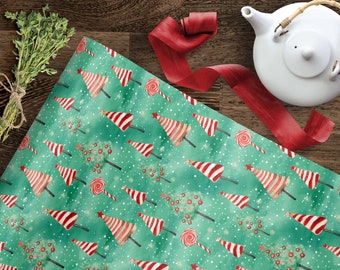 Christmas Wrapping Paper Trees Watercolor Winter Holiday Gift Wrap Wintery Paper Roll Woodland Candy Cane Trees Gift Wrap 5 sheets  20x29