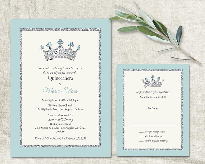 Quinceañera Invitation Template Diy Printable 15 Birthday Party Glam Tiara Princess Aqua Blue Glitter Quinceanera