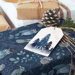 Winter forest wrapping paper, Winter Gift Wrap, Woodland Nordic Holiday Gift Roll, Navy Blue Skandi Christmas Sheets 20 x 29 Owl Lover Gift