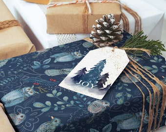 Winter forest wrapping paper, Owl Gift Wrap, Woodland Nordic Holiday Gift Roll, Navy Blue Skandi Christmas Sheets 20 x 29 Owl Lover