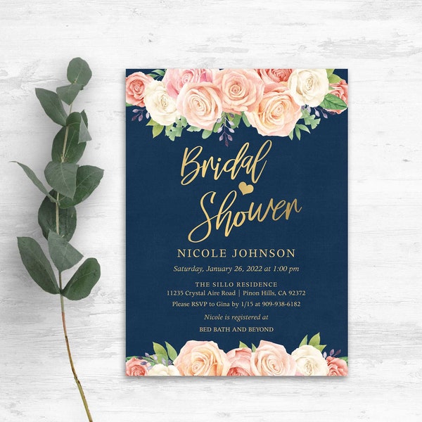Bridal Shower Invitation, Coral Floral Wedding Shower Printable, Peach Navy Bridal Shower Brunch Invitation Template with Gold accents