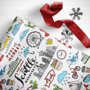 Seattle Wrapping Paper Roll Sheets, Seattle Washington, City Custom Gift Wrap, Wrapping Paper Sheets Seattle Gift Ideas 5 sheets Roll
